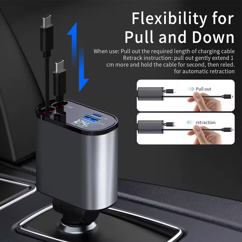 Zapzi drive 120w fast car charger with 80cm retractable type c charging for 4 devices – universal car mobile charger for all smartphones & tablets (car charger)