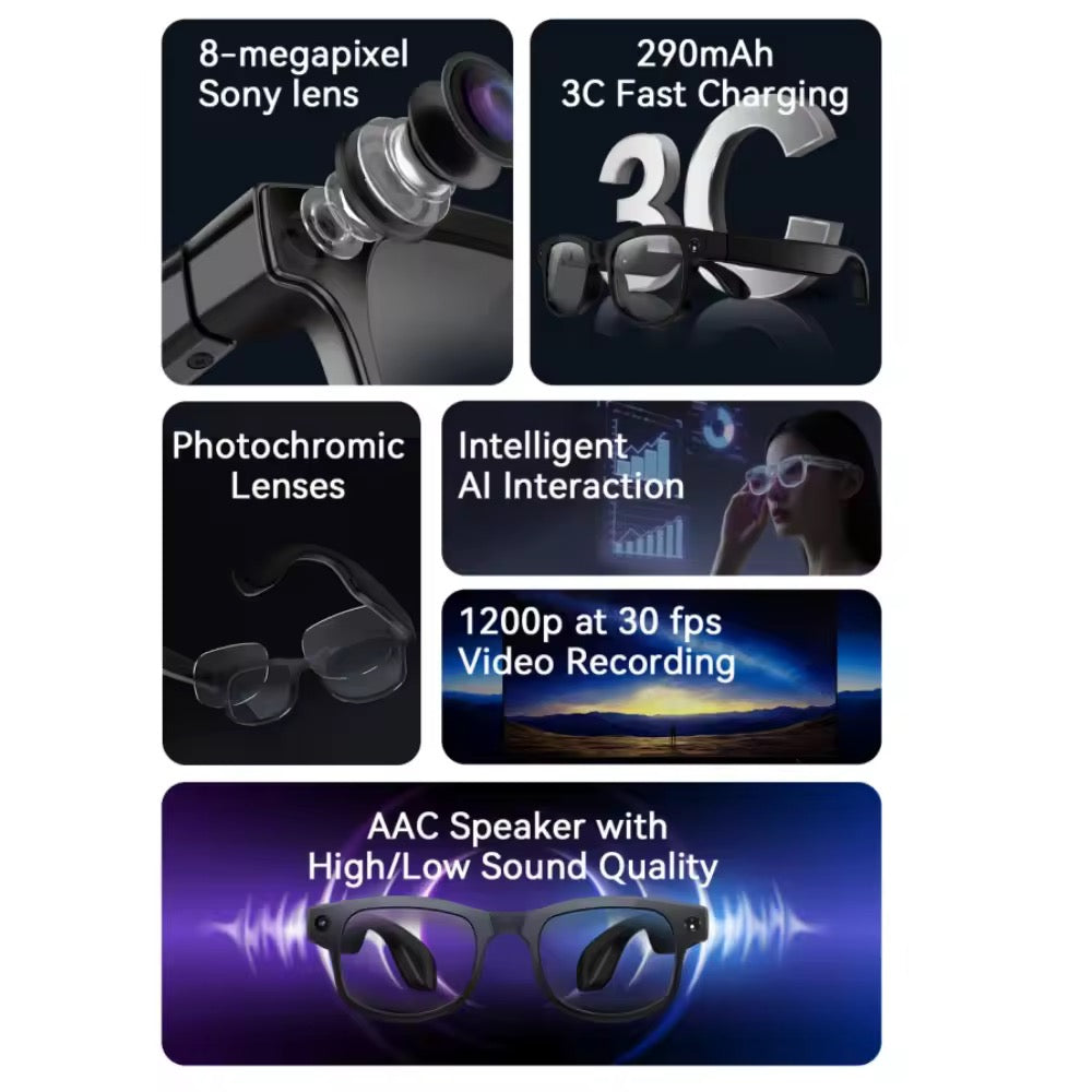Zapzi a1 ai smartglasses  powered by ai, 8mp camera, 1200p 30fps video recording, wifi