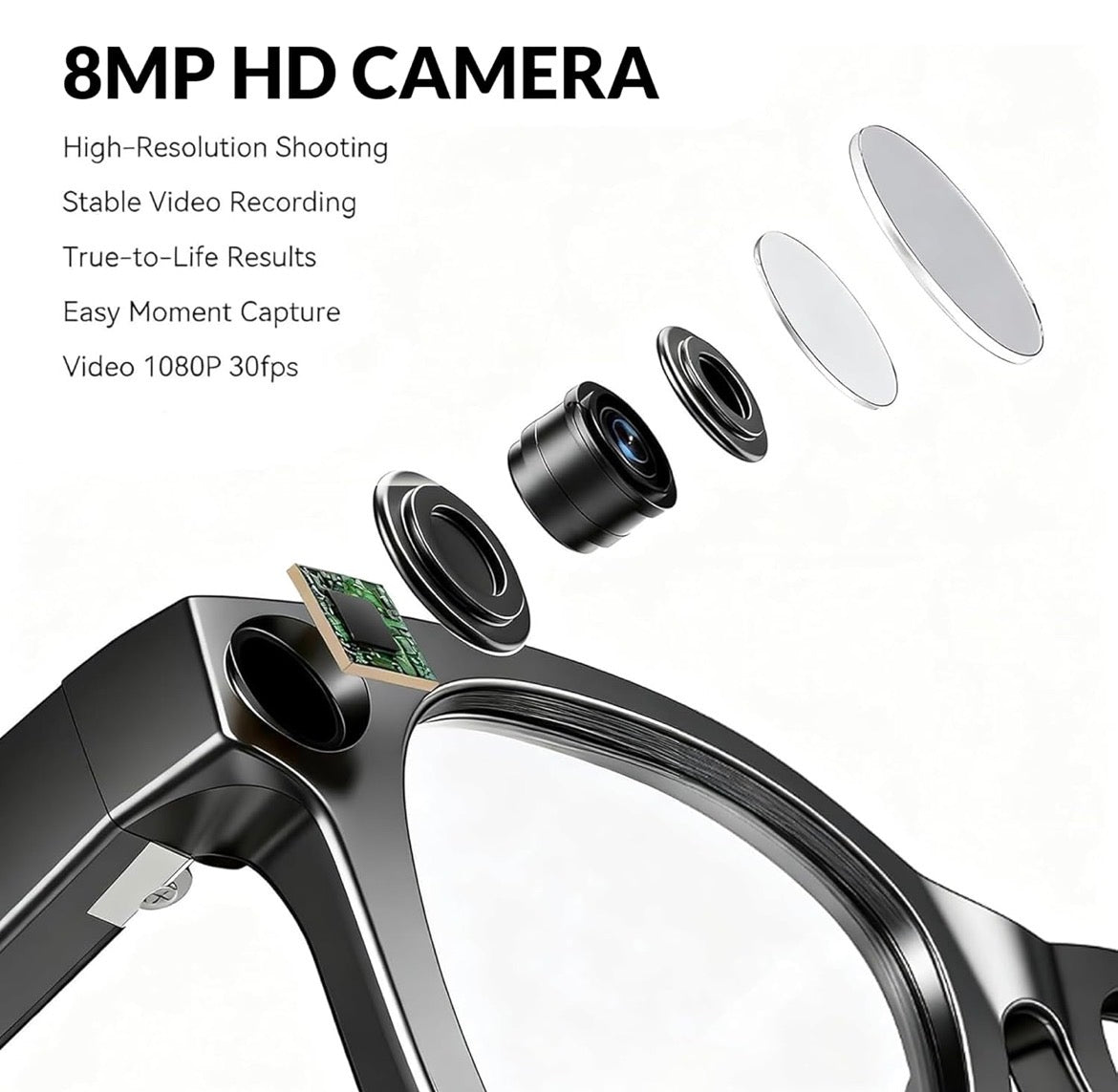 Zapzi a1 ai smartglasses  powered by ai, 8mp camera, 1200p 30fps video recording, wifi