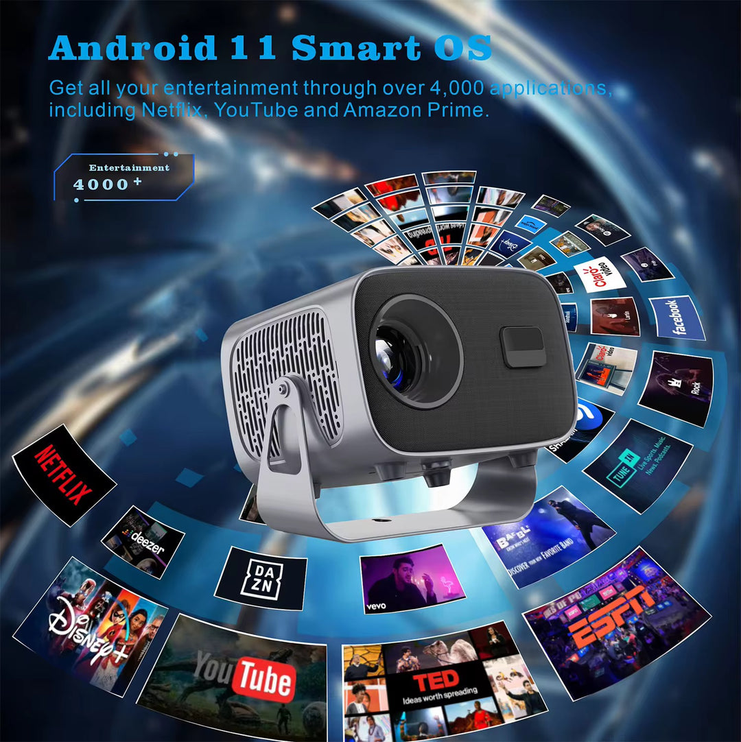Zapzi Omnix Smart Projector 4K Android 11.0, Electric Focus, WiFi 6, Auto Keystone, 15000 Lumens