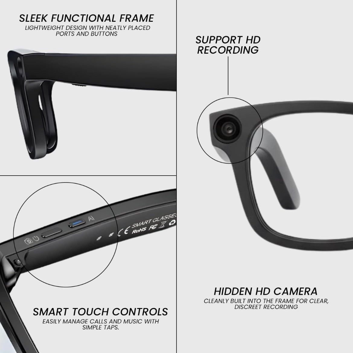 Zapzi a1 ai smartglasses  powered by ai, 8mp camera, 1200p 30fps video recording, wifi