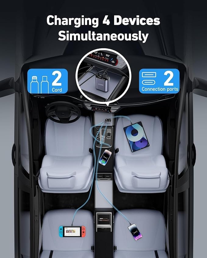 Zapzi drive 120w fast car charger with 80cm retractable type c charging for 4 devices – universal car mobile charger for all smartphones & tablets (car charger)