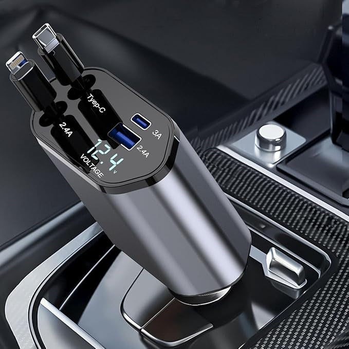ZAPZI DRIVE 120W Fast Car Charger with 80CM Retractable Type-C Charging for 4 Devices – Universal Car Mobile Charger for All Smartphones & Tablets (Car Charger)
