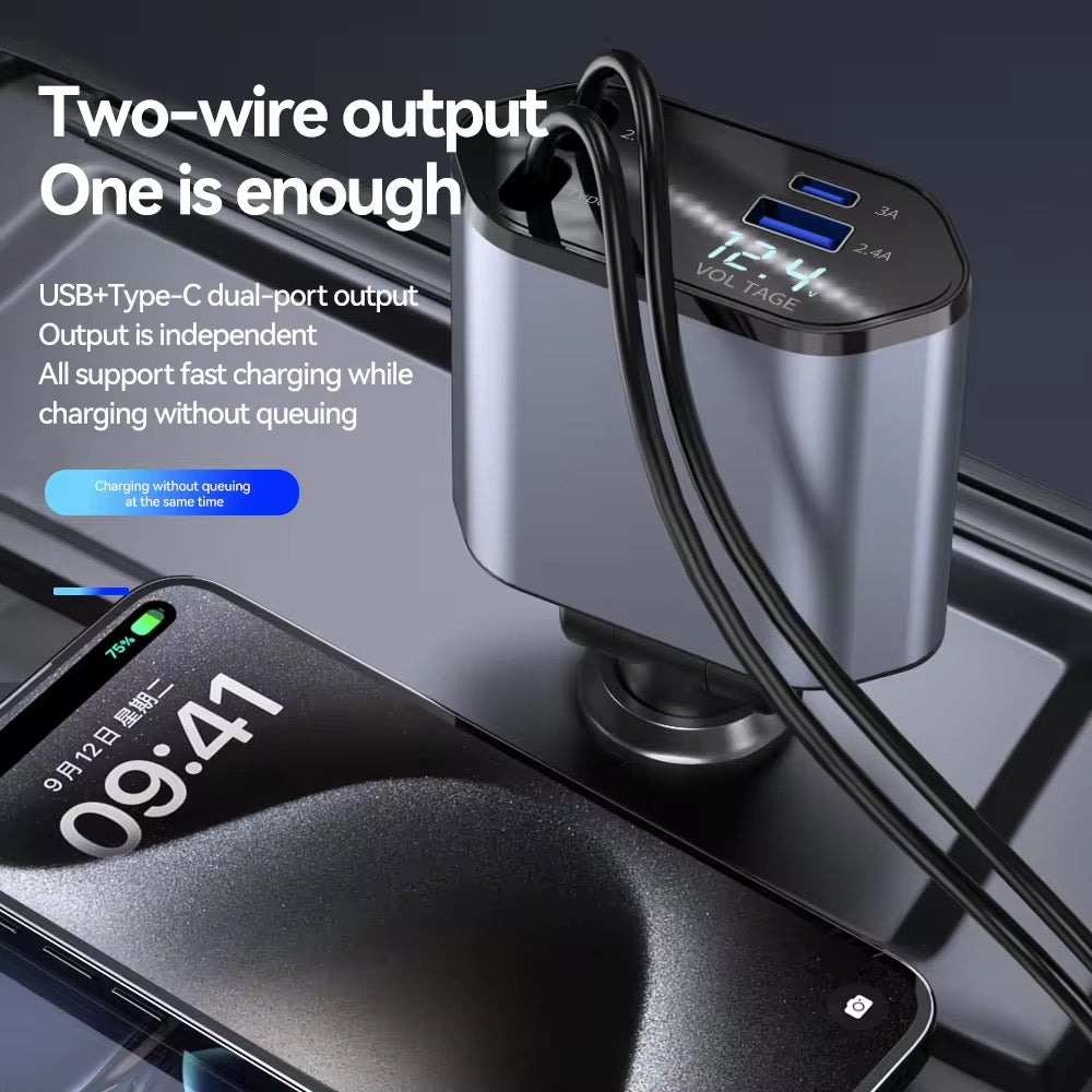 ZAPZI DRIVE 120W Fast Car Charger with 80CM Retractable Type-C Charging for 4 Devices – Universal Car Mobile Charger for All Smartphones & Tablets (Car Charger)