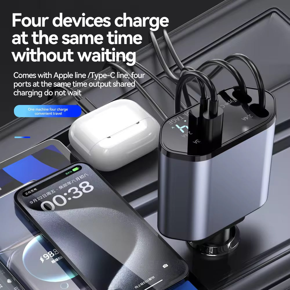 ZAPZI DRIVE 120W Fast Car Charger with 80CM Retractable Type-C Charging for 4 Devices – Universal Car Mobile Charger for All Smartphones & Tablets (Car Charger)