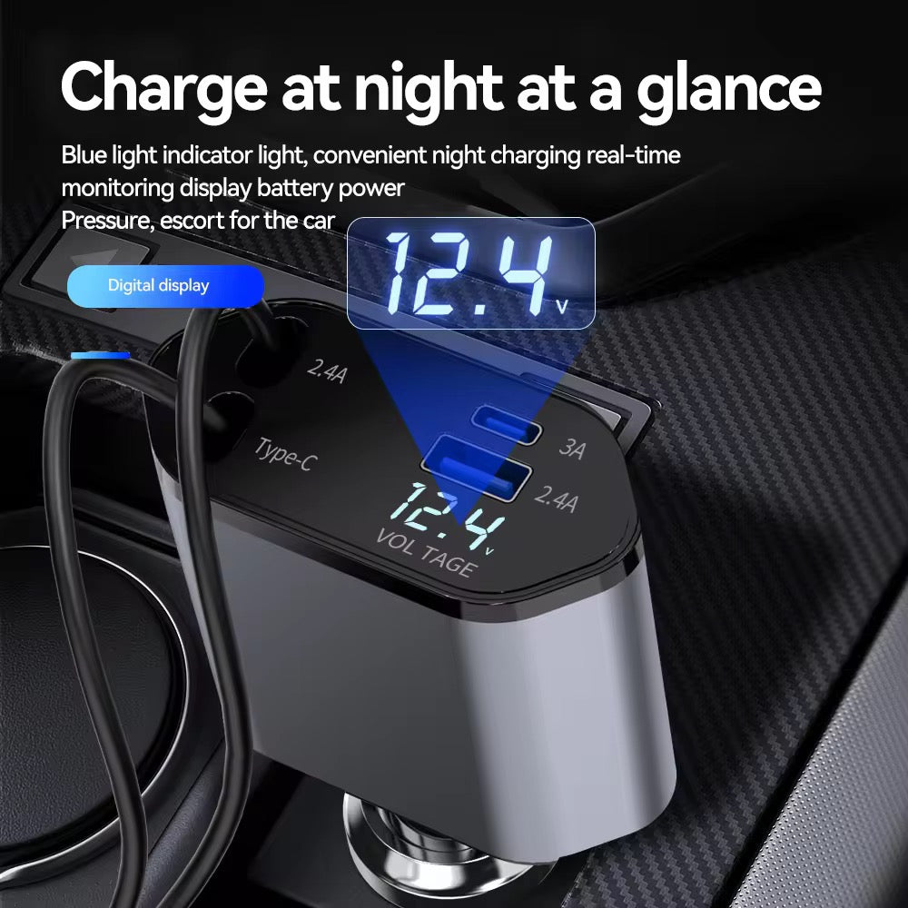 ZAPZI DRIVE 120W Fast Car Charger with 80CM Retractable Type-C Charging for 4 Devices – Universal Car Mobile Charger for All Smartphones & Tablets (Car Charger)